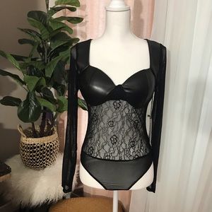 Leather and Lace Sheer Sexy Bodysuit